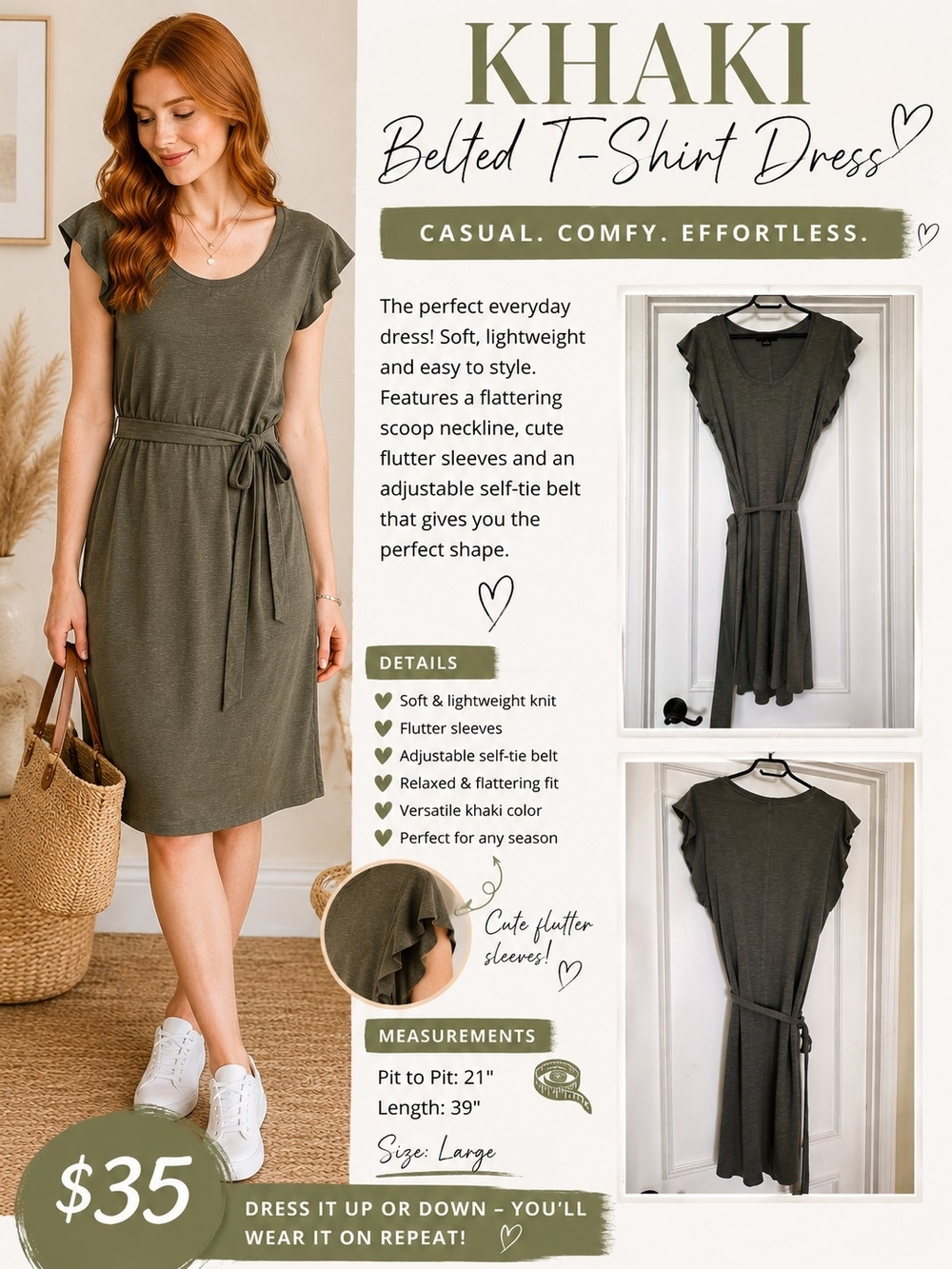 Khaki Belted T-Shirt Dress - Casual Women's Dress